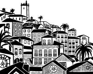 Hand-drawn vector of a Portuguese hillside town with Belém Tower, traditional Lisbon architecture, tiled houses, palm trees, and coastal charm. Perfect for travel, posters, and decor design
