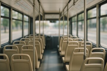 Fototapeta premium Pristine City Bus Interior with Empty Beige Seats and Bright Windows Reflecting Urban Transit Scene