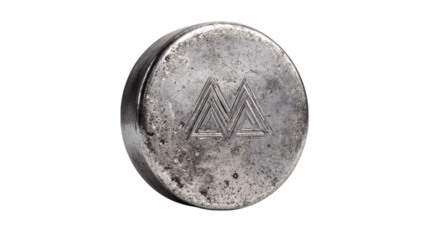 A flat steel paperweight with etched logo variant 5764, white background --ar 16:9