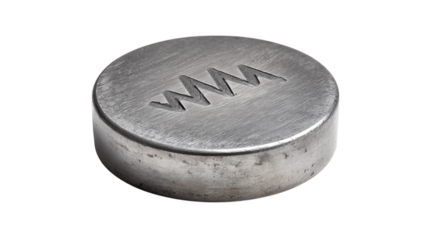 A flat steel paperweight with etched logo variant 1077, white background --ar 16:9