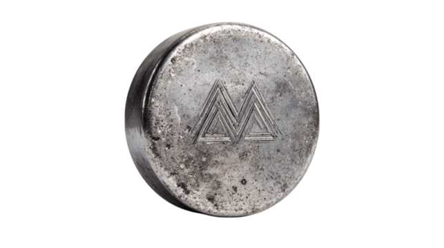 A flat steel paperweight with etched logo variant 5764, white background --ar 16:9