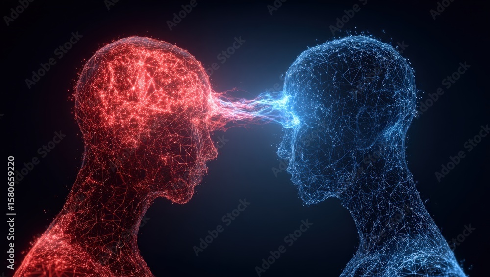 Poster digital illustration of two human heads connected by a neural network and light pathways in a futuri
