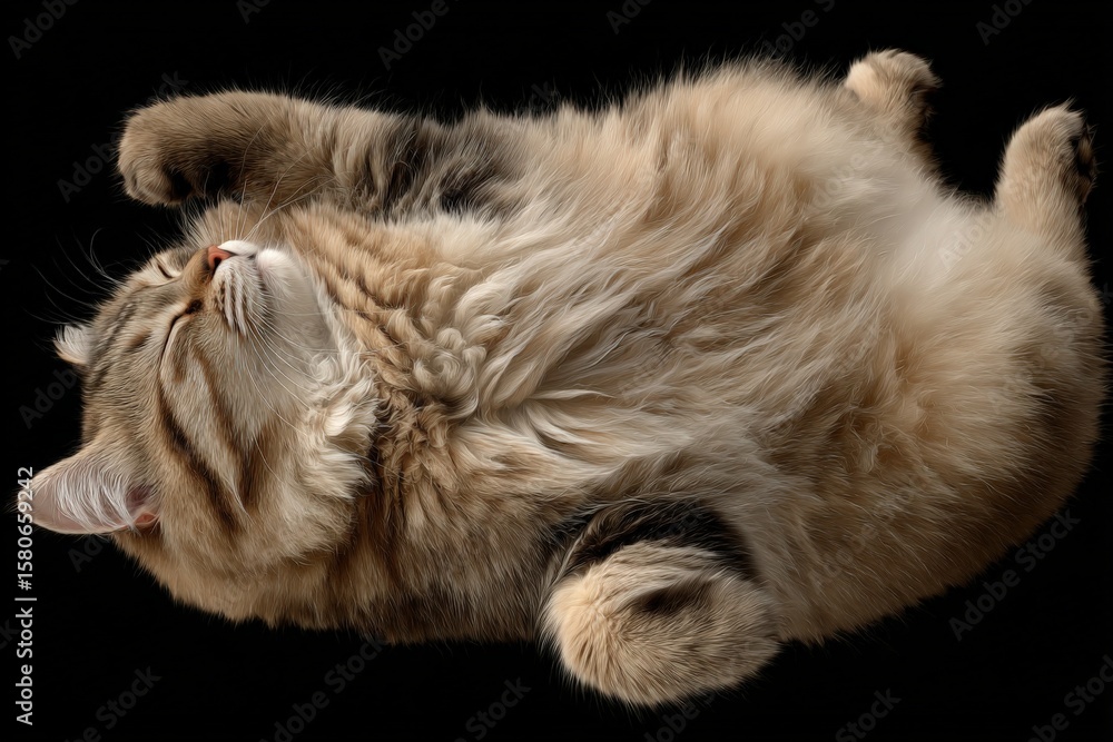Poster adorable fluffy cat lying on back relaxing with eyes closed showing soft fur and content expression 