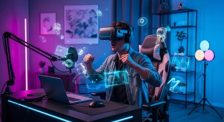 Ecstatic Gamer Immersed in VR with Neon Accents and Holographic UI Elements