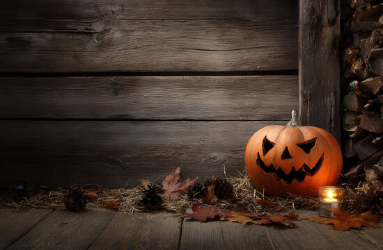 The wooden background of the wall with pumpkins and hay, a pile of firewood in the right part of the painting. In the front is a Halloween orange pumpkin with a carved face, illuminated by candlelight - Powered by Adobe