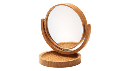A hinged wood makeup mirror with base variant 7148, white background --ar 16:9