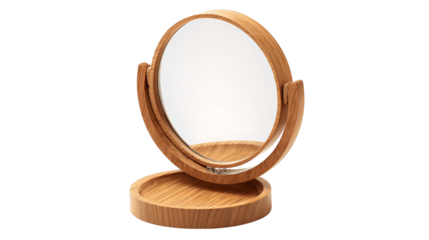 A hinged wood makeup mirror with base variant 7148, white background --ar 16:9