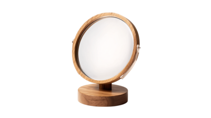 A hinged wood makeup mirror with base variant 8716, white background --ar 16:9