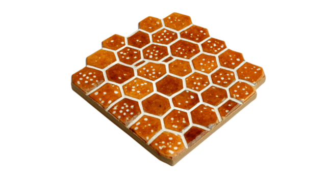 A honeycomb ceramic tile coaster variant 1991, white background --ar 16:9