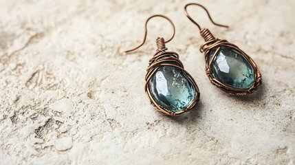 Oval aquamarine gemstone earrings in antique copper tone displayed with vintage jewelry elegance intricate detailed design and realistic high-quality jewelry photography on simple background










