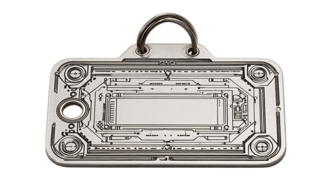 A laser-etched tech tag for luggage variant 120, white background --ar 16:9