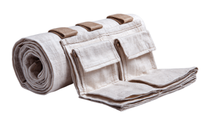 A linen utility roll with stitched pockets variant 2613, white background --ar 16:9