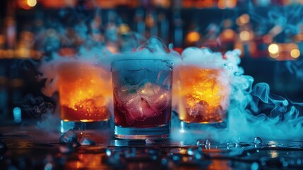 Three colorful cocktails topped with foam and mint leaves stand amidst swirling smoke and scattered fruit, set against a glowing, energetic bar background