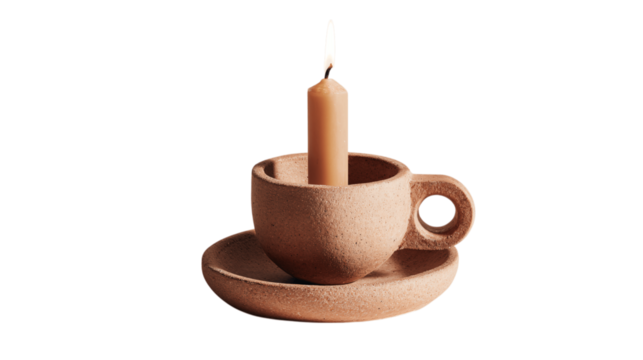 A matte clay candle holder with handle variant 4081, white background --ar 16:9