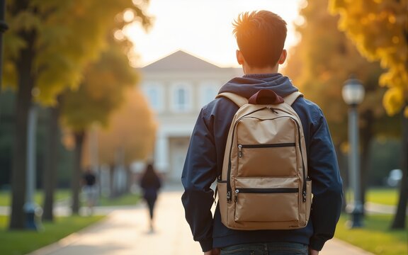 Asian student with a backpack walking through a university campus. Back view of young man. Concept of international education, student diversity, new beginnings, and cultural integration. Copy space