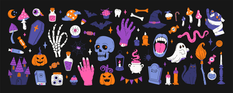 Colorful set of Halloween elements. Cartoon pumpkin, skull, coffin, grave, bat, bone, skeleton and etc. Hand drawn flat illustration. Trendy vintage items for card, scrapbooking, stickers, print