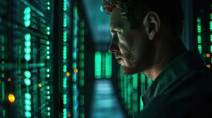 A digital forensics expert works in a dark server room, illuminated by green lights from server racks, analyzing data on a laptop in a high-tech, cyber-security environment