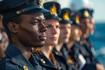 A group of maritime cadets in formal navy uniforms with gold insignia stands in a row on a ship, symbolizing pride, unity, and the traditions of naval service