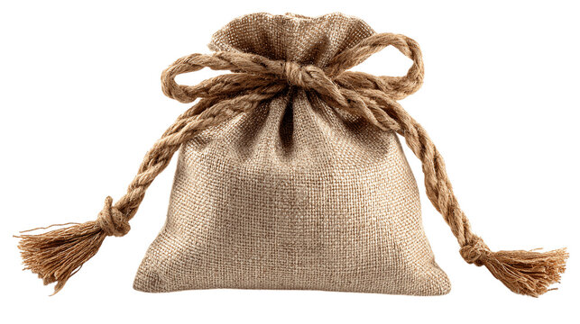 A natural jute gift sack with rope tie variant 1247, white background --ar 16:9