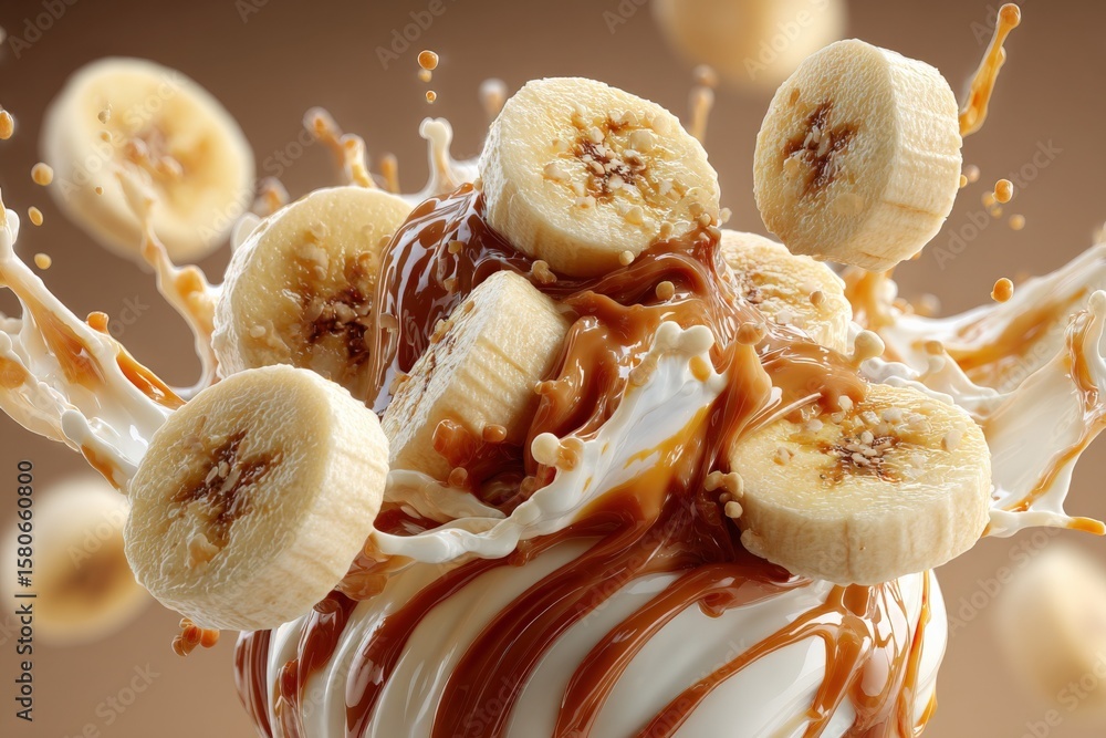 Poster dynamic close-up of fresh banana slices splashing into creamy chocolate and milk mixture creating a 