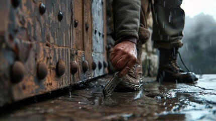 Medieval Thief Breaking into Castle Door with Tool on Rainy Day near Water, Adventure and Intrigue Await