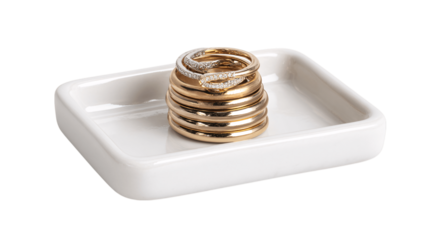 A stacked ring tray in porcelain finish variant 4806, white background --ar 16:9