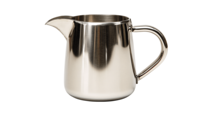 A stainless steel pouring jug with spout variant 7111, white background --ar 16:9