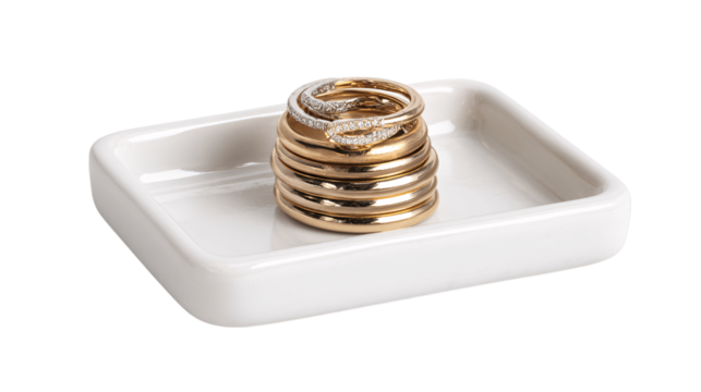 A stacked ring tray in porcelain finish variant 4806, white background --ar 16:9