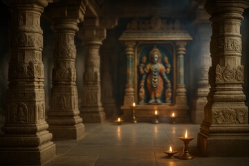 Fototapeta premium Sacred Temple Interior with Ancient Stone Pillars and Lit Oil Lamps Creating a Mystical Ambiance