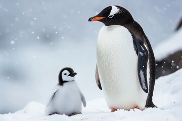 Obraz premium Penguin Parent Protecting Chick in Winter Snow