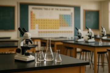 Science Lab Classroom with Microscope and Glassware on Teacher's Desk in Front of Periodic Table and Chalkboard in Educational Setting