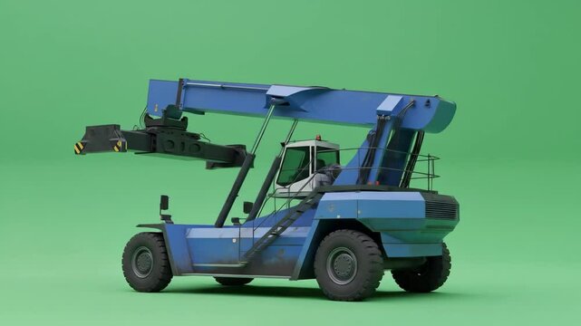 chroma key green background of a reach stacker handling a container, port logistics machinery