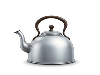 Realistic stainless steel teapot with a traditional design on white background. Generative AI