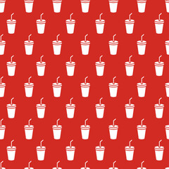 Bold Seamless Pattern of Beverage Cups with Straws. Ideal for beverage packaging, fast food branding, cafe designs, textile prints, or menu backgrounds. Perfect for modern food and drink themes.