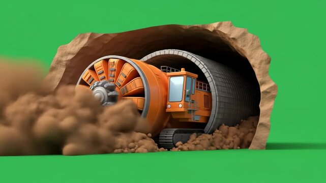 chroma key green background of a tunnel boring machine emerging from tunnel, breakthrough