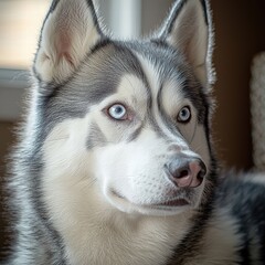 Fototapeta premium Close-up of a Siberian Husky puppy with striking icy blue eyes, soft fur, and perky ears, sitting indoors near a window with natural light illuminating its face