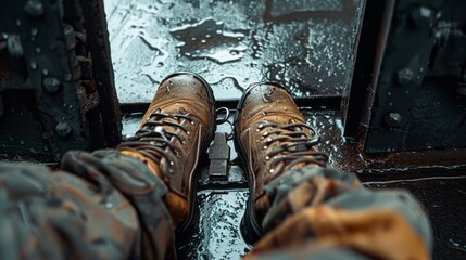 Adventures in Rain: Brown Leather Boots Standing on Wet Metal Surface of a Train, Dark and Moody