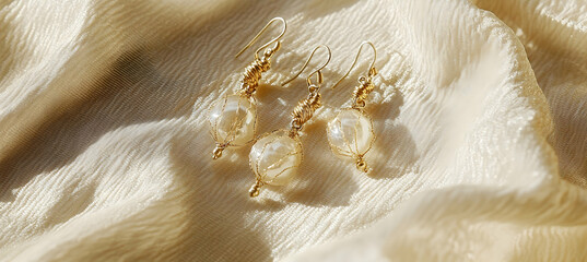 Elegant pearl drop earrings resting on soft textured fabric highlighted by warm natural lighting showcasing delicate gold details and refined minimalist jewelry design

