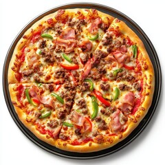 Delicious meat lovers pizza with ham and peppers isolated on white background