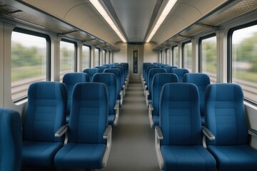 Fototapeta premium Modern Sleek Train Interior With Rows Of Blue Seats And Large Windows For Comfortable Travel