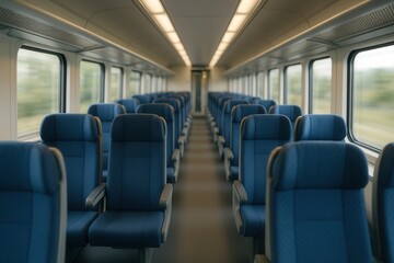 Fototapeta premium Modern Train Interior With Blue Seats and Large Windows in Motion