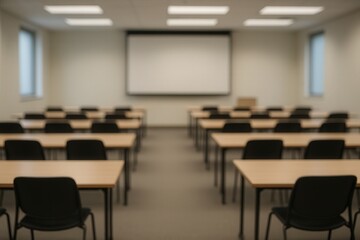 Fototapeta premium Modern Training Room with Projector and Wooden Tables in Corporate Office Setting for Effective Presentations and Workshops