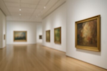 Fototapeta premium Spacious Art Gallery Interior Featuring Modern Paintings on White Walls with Soft Lighting Enhancing the Minimalist Design and Elegant Ambiance for Art Exhibition Visitors