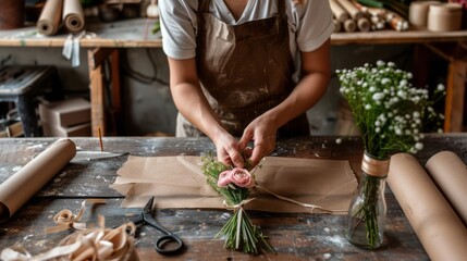 Florist carefully arranging a small bouquet of pink roses and greenery on a rustic wooden workbench for a special occasion.