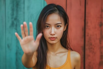 Fototapeta premium Asian Woman Signaling Stop with Open Hand