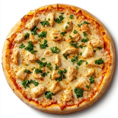 Delicious chicken and cheese pizza with parsley isolated on white background