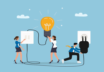 Teamwork Innovation and Creative Energy Concept – Business People Powering a Glowing Light Bulb with Plug and Socket as a Symbol of Collaboration, Idea Generation, and Solution © Andri