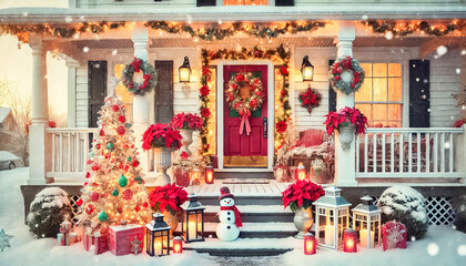 Traditional Christmas Front Door with Festive Wreath and Garlands