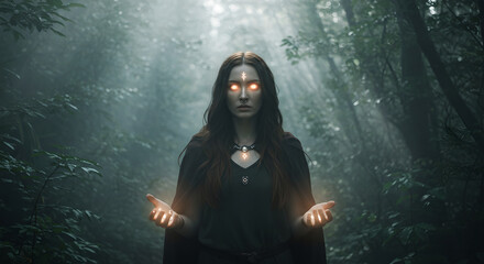 A woman in a mystical forest with glowing hands and eyes, portraying magic, fantasy, and spiritual power