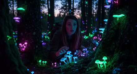 Woman exploring a magical forest with glowing colorful mushrooms. Discovery of bioluminescent fungus at night. Fantasy adventure.